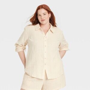 Gauze Long Sleeve Collared Button-Down- Universal Thread Cream XXL Cotton Blend